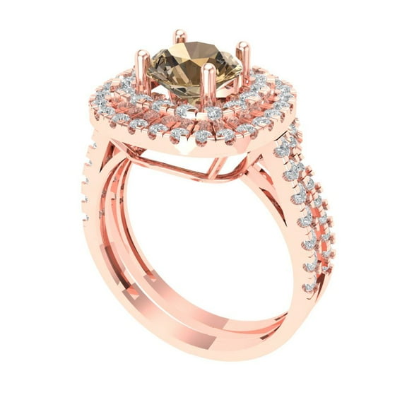 1.8 ct Brilliant Round Cut Champagne 14K Rose Gold Halo Solitaire with Accents Engagement Bridal Wedding Ring Band Set size 7.25