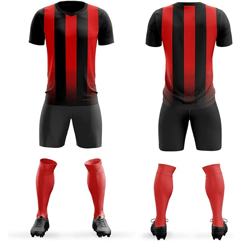 Sublimation Soccer Jerseys Red Striped Design Full Kits Shirts And Shorts  For Women Wholesale