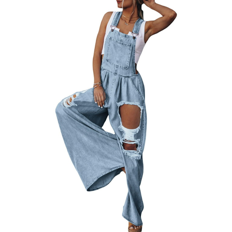 goowrom Overalls for Women Loose Bib Stretchy Straight Leg Wide Overall Baggy Fit Jean Jumpsuit With Pocket Denim Pants