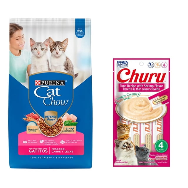 Cat Chow Gatitos Pescado Carne y Leche Defense Plus 7.5 kg + Churu Atún con Camaron Sobre con 4 Tubos de 14 g
