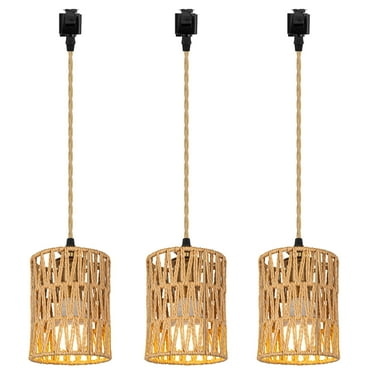 FSLiving J Type Track Lighting Pendants Twine Natural Rattan Shade Modern Vintage Style, Dimmable E26 Socket Track Mount Pendant Lights Decorate for Kitchen Island Customizable 3.2ft - Set of 3