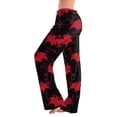 thumbnail image 2 of Women's Drawstring Halloween Pajama Pants Bat Print Elastic Waist Wide Leg Loose Casual Lounge Trousers for Fall Sleepwear Daily Comfort Red S, 2 of 7