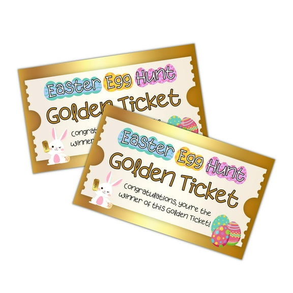 Golden Ticket Easter Egg Hunt Cards  30 Pk 2x3.5 to put inside Neighborhood Prize Egg Game Labels Tags Bulk Gold Tickets