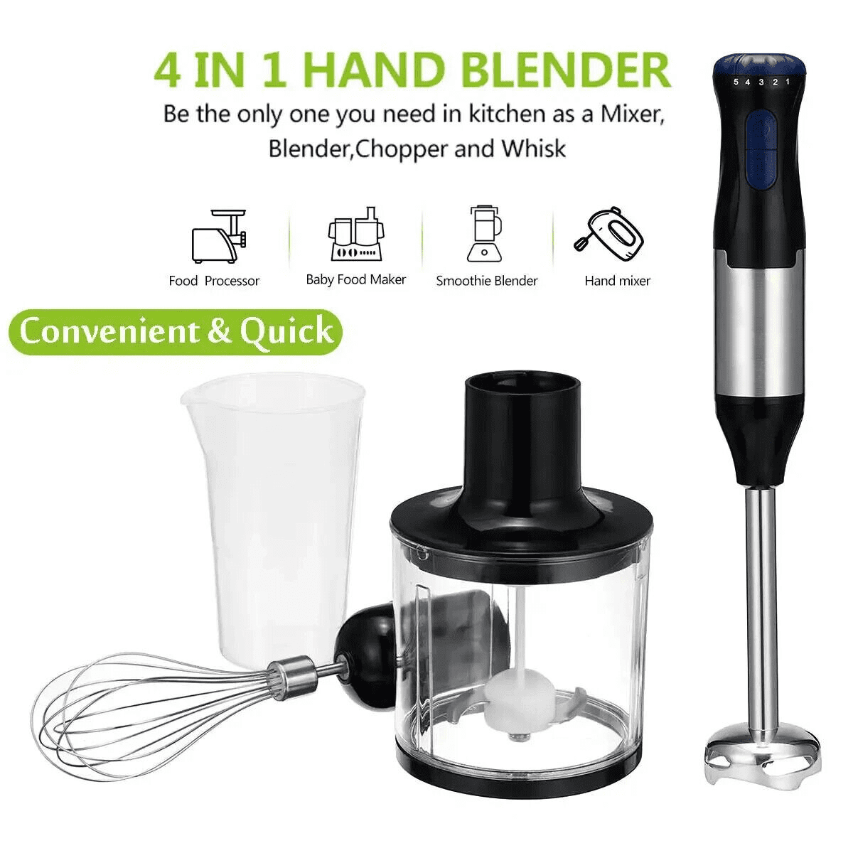 4 in1 handheld immersion blender, 5-speed powerful handheld blender stick with 304 stainless steel blades, chopper, beaker, whisk for smoothies, baby food, purees and soups.