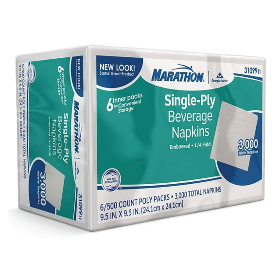 MARATHON 1-Ply Beverage Napkin, White, 3000 Napkins