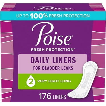 Poise Daily Incontinence Panty Liners, 2 Drop Very Light Absorbency, Long, 176 Count of Pantiliners (4 Packs of 44), Packaging May Vary