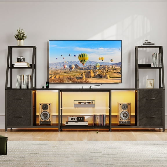 Casacomoda TV Stand for up to 65 Inch TV, 87" Entertainment Center with Power Outlets & LED Lights, Modern Media Console with Glass Shelf & 4 Fabric Drawers for Living Room Bedroom, Black