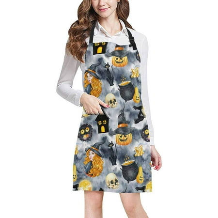 

ASHLEIGH Funny Halloween Decor Witch Pumpkin Ghost and Black Cat Chef Aprons Professional Kitchen Chef Bib Apron with Pockets Adjustable Neck Strap