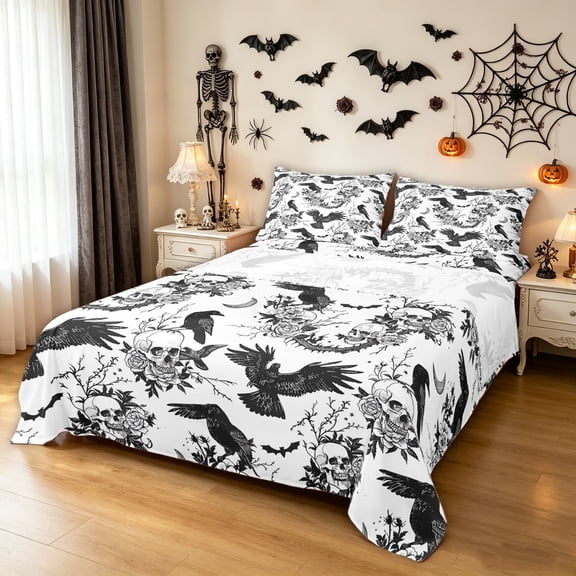 Feelyou Boho Raven Rose Bed Sheets, Spooky Skull Bat Full Size Sheets, Black White, 4pcs, 1 Flat Sheet, 1 Fitted Sheet and 2 Pillowcases