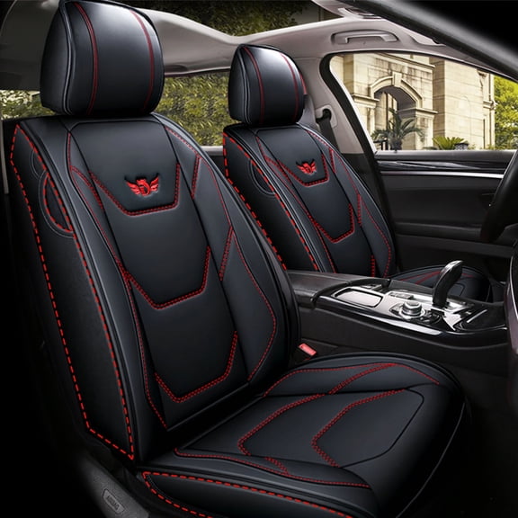 2PCS Universal Car Seat Cover, PU Leather Auto Front Cushion Mat, Side Airbag Compatible & Back Storage Bag Design - All Season for Most Car Truck SUVs Van