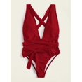 thumbnail image 4 of Hotian Women Plunge V Neck Self Tie One Piece Monokini Swimsuit Red S, 4 of 7