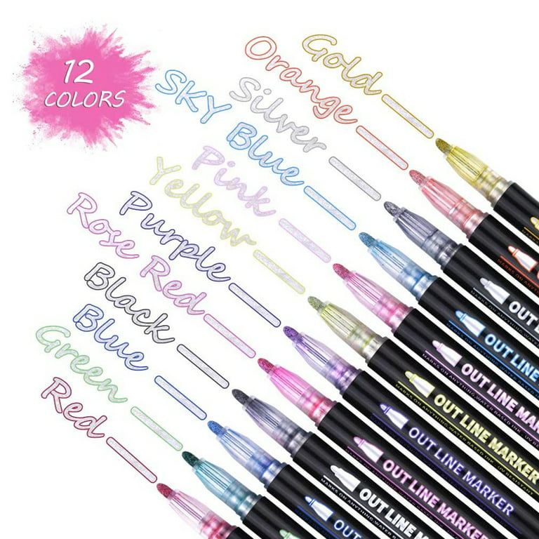 Brilliant Bee - Premium Set 12 Assorted Colors Metallic Double Line Outline  Pens - Art Markers for Adults & Kids, Perfect for Scrapbooks, DIY Art