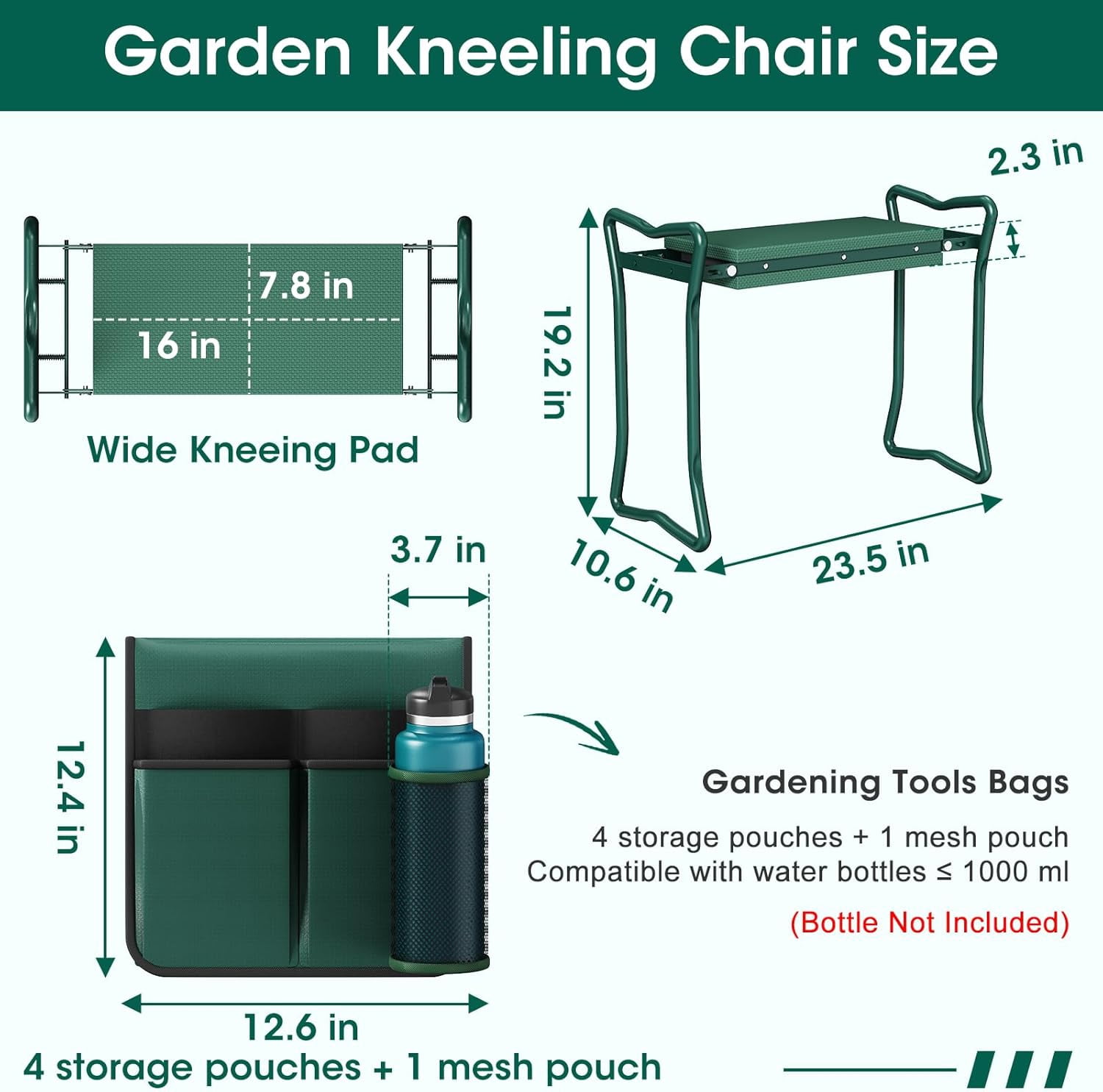 2-in-1 Garden Kneeler with Umbrella, Garden Kneeling Bench & Green Umbrella, Portable Garden Stool Loads Capacity 330lb and Garden Tools Bag with bottle holder, Gardening Gifts for Women,Men,Seniors
