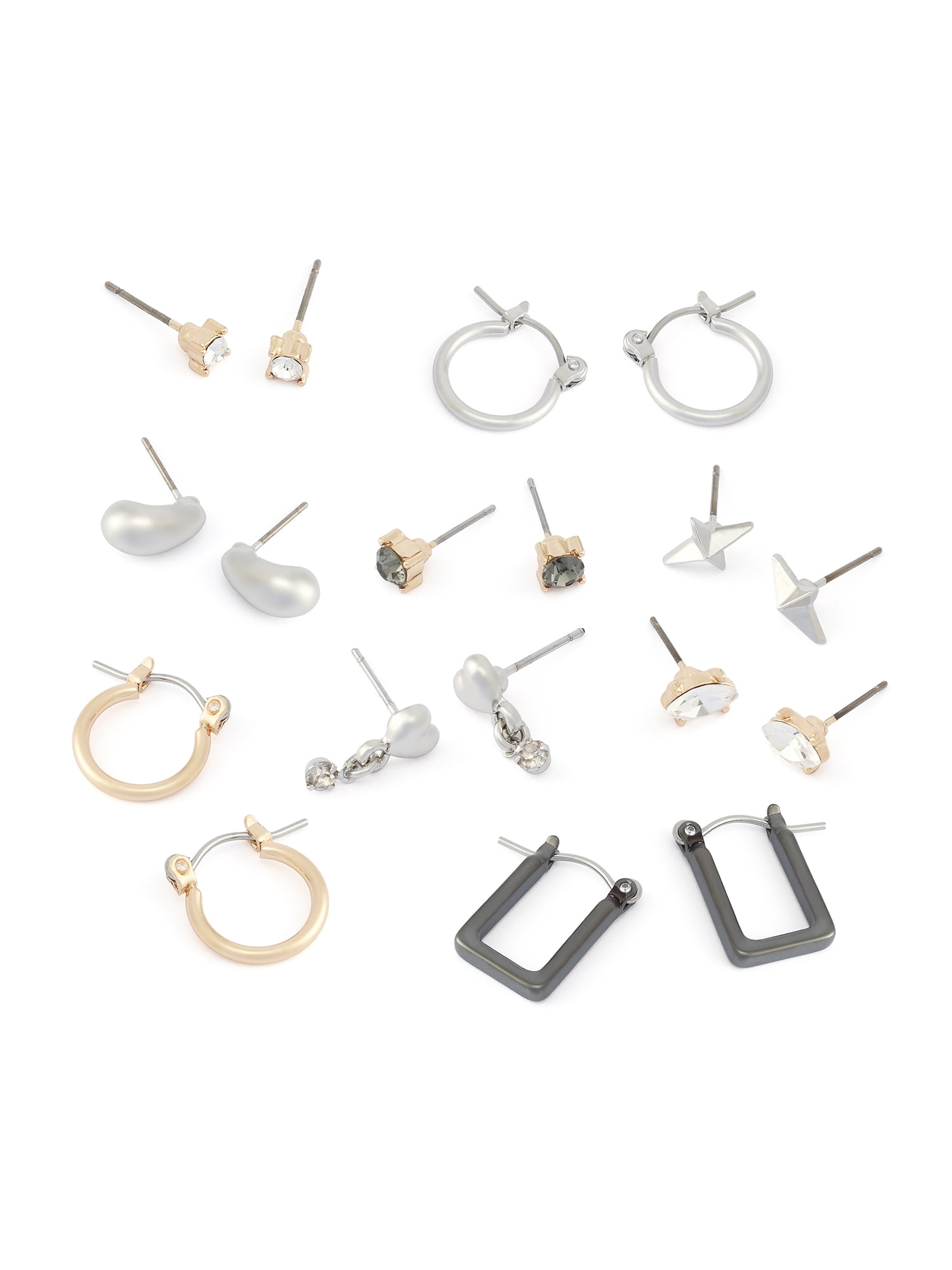 Madden NYC Women's Fashion Crystal Heart Stud & Hoop Earring 9-Piece Set