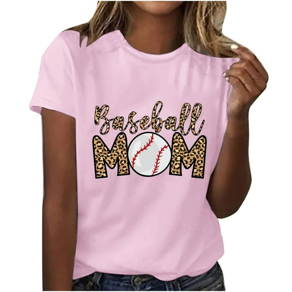 WREESH Crew Neck Baseball Mom T-Shirt Women's Fashion Graphic Print Summer Top Pink