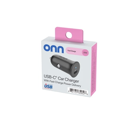 ONN 20W USB-C CAR CHARGER, FAST CHARGING, USB-IF CERTIFIED, FOLDABLE PLUG, WHITE, COMPATIBLE WITH IPHONE & ANDROID