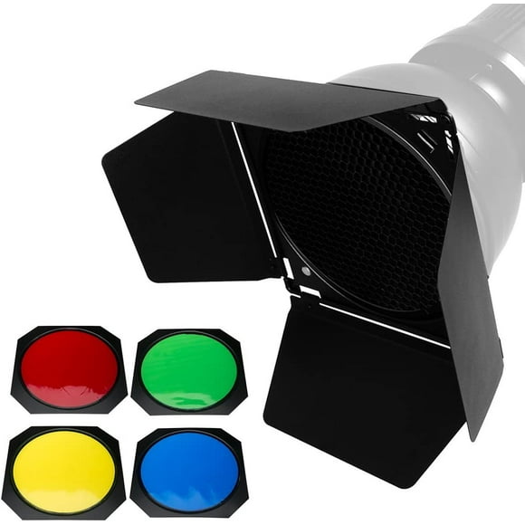 BD-04 Barn Door and Honeycomb Grid and 4 Color Gel Filters (Red Yellow Blue Green) Compatible for Standard