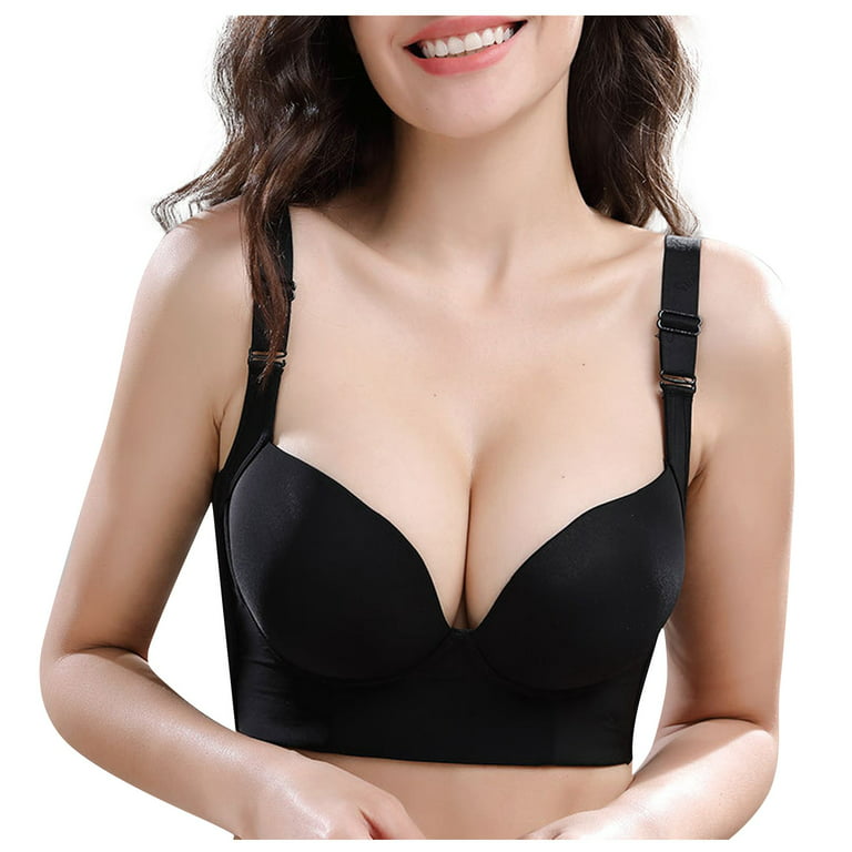 Mlqidk Women's Plus Size Bras Longline Push Up Bra Bustier Bra Seamless  T-Shirt Bra Black 36F