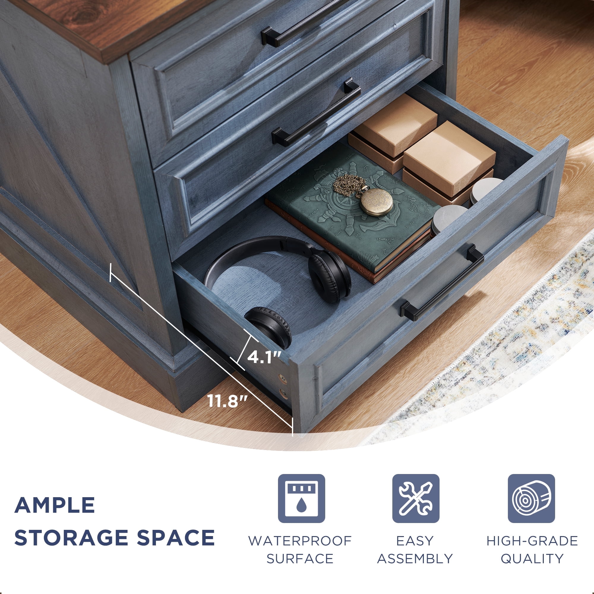 ACCOHOHO 3 Drawer Nightstand Set of 2 with Charging Station - Farmhouse End Tables, Rustic Side Tables for Bedroom & Living Room, Blue