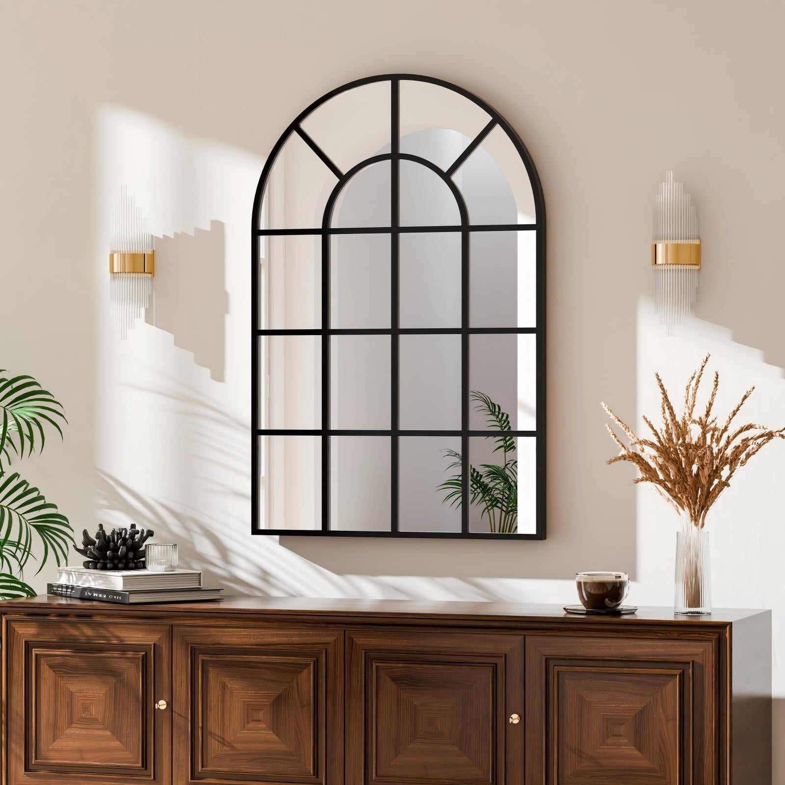 BEAUTYPEAK 24"x36" Arched Windowpane Mirror Bathroom Mirror Wall Mirror,Black