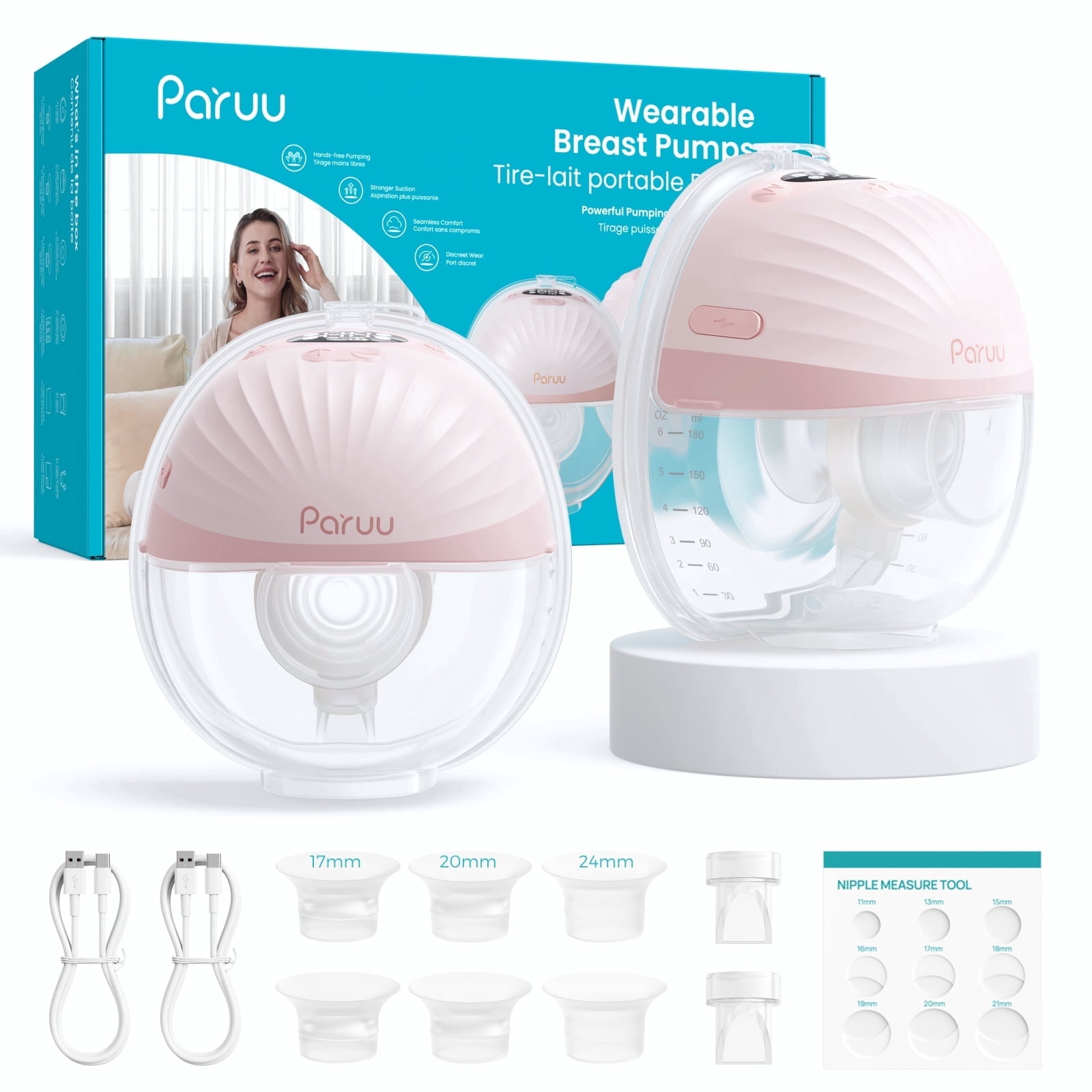 Paruu Wearable Breast Pump, Hands-Free Wireless Electric Pump, 4 Modes 9 Suction Levels, BPA-Free, Portable Lightweight, 2-Pack, Pink