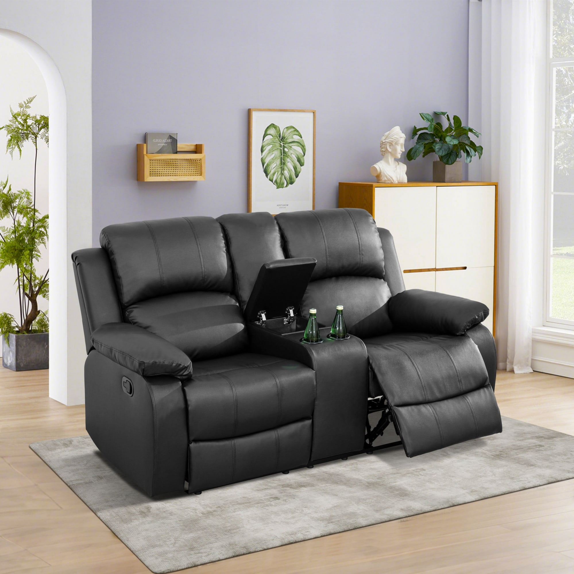 Gewnee Black 3-Piece Living Room Recliner Sofa Set,Air Leather Upholstery with Console & Cup Holders