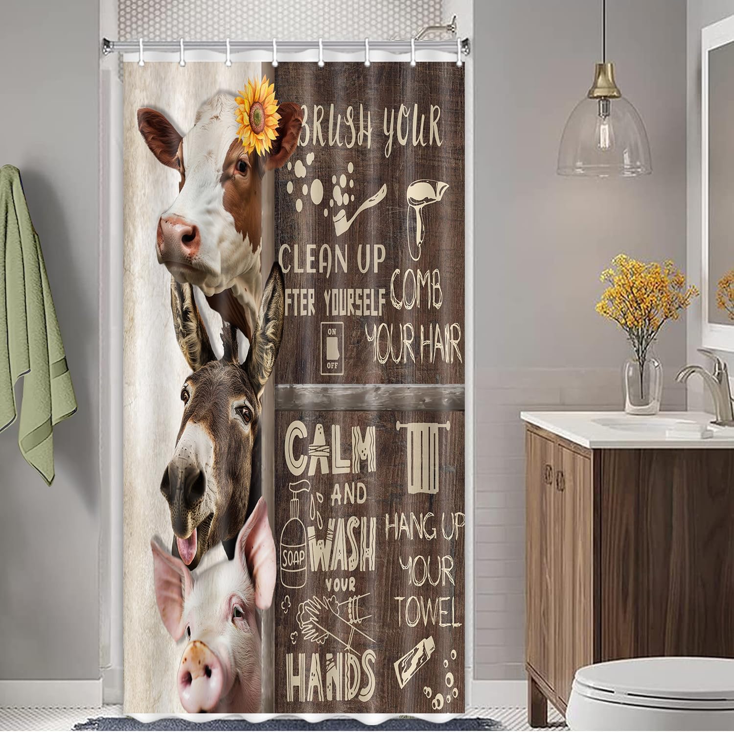 Funny Farmhouse Shower Curtain, Rustic Bathroom Rules Shower Curtain Set for Bathroom, Adults Animal Fabric Shower Curtain Restroom Bathtub Decor Accessories with Hooks 36X 72 inch