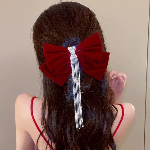 Horquilla de terciopelo con lazo elegante a la moda, pinza para el pelo con borlas de diamantes de imitación brillantes para mujer, coleta, accesorios para el cabello de moda Gao Jinjia LED