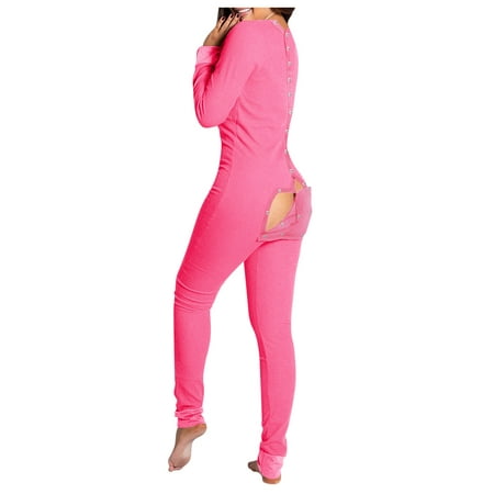 TopLLC Pink Back Button Onesies Pajamas for Women - Long Sleeve Deep V ...