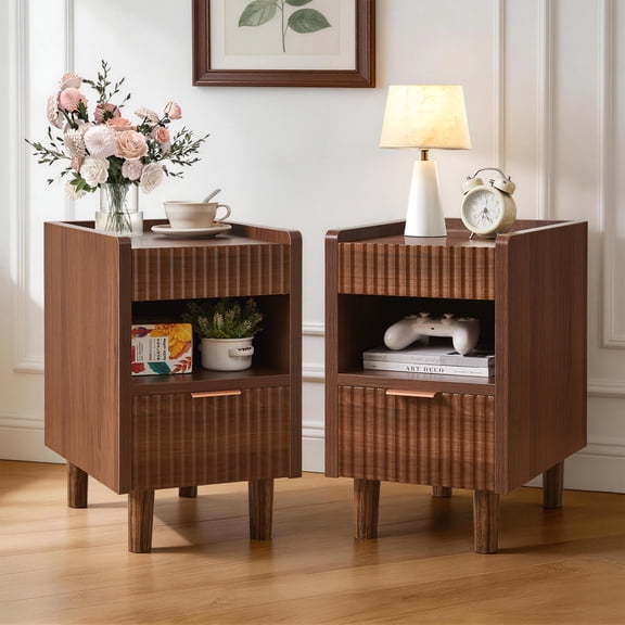 PORKISS Nightstands Set of 2, Wooden Night Stand with 2 Drawers and Open Storage, Mid-Century Modern Fluted Side End Table with Integrated Base Bed for Bedroom Living Room, Walnut