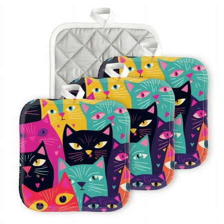 

Bahomeck Pot Holder 4Pcs Colorful Cartoon Cat Kitten Animal Print Square Heat Resistant Hot Pads For Kitchen Cooking Oven With Hanging Loop Potholder Easy To Store