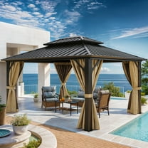 Modfusion 10' X 12' Brown Aluminum Galvanized Iron Hardtop Gazebo with Double-Roof, Netting And Curtains