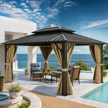 Modfusion 10' X 12' Brown Aluminum Galvanized Iron Hardtop Gazebo with Double-Roof, Netting And Curtains