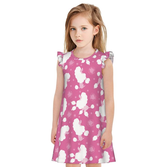 Fotbe Cute Poodle Dog Vestido de Dormir para Niñas de 3 a 10 Años, Mangas Cortas, Estilo Princesa, Pijama Camisón con Mangas Voladas-Medium