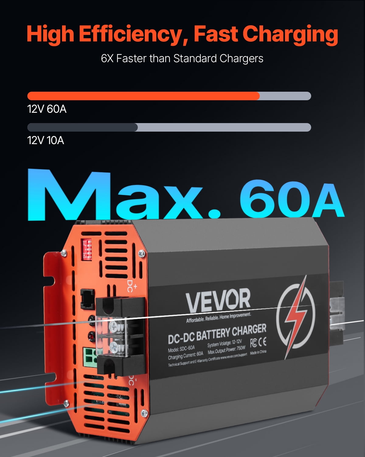 VEVOR 12V 60A DC to DC Battery Charger, 750W, On-Board Battery Charger for Lead-Acid, Lithium, AGM, GEL, and Flooded Batteries, Smart Multi-Stage Charging, for RVs, Commercial Vehicles, Boats