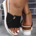 thumbnail image 5 of Women’s Denim Fabric Jute Trim Wedge Slide Sandals, Metal Button Decor Open Toe Indoor Outdoor Platform Slippers, 5 of 6