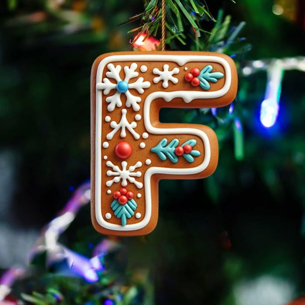 Seyotauo 26 Gingerbread Alphabet Ornaments,Personalized Letters Christmas Ornament,26 Initial Candy Cane Letter Pendant with Berries Pattern,Xmas Hanging Alphabet Letters for Christmas Tree DIY Craft