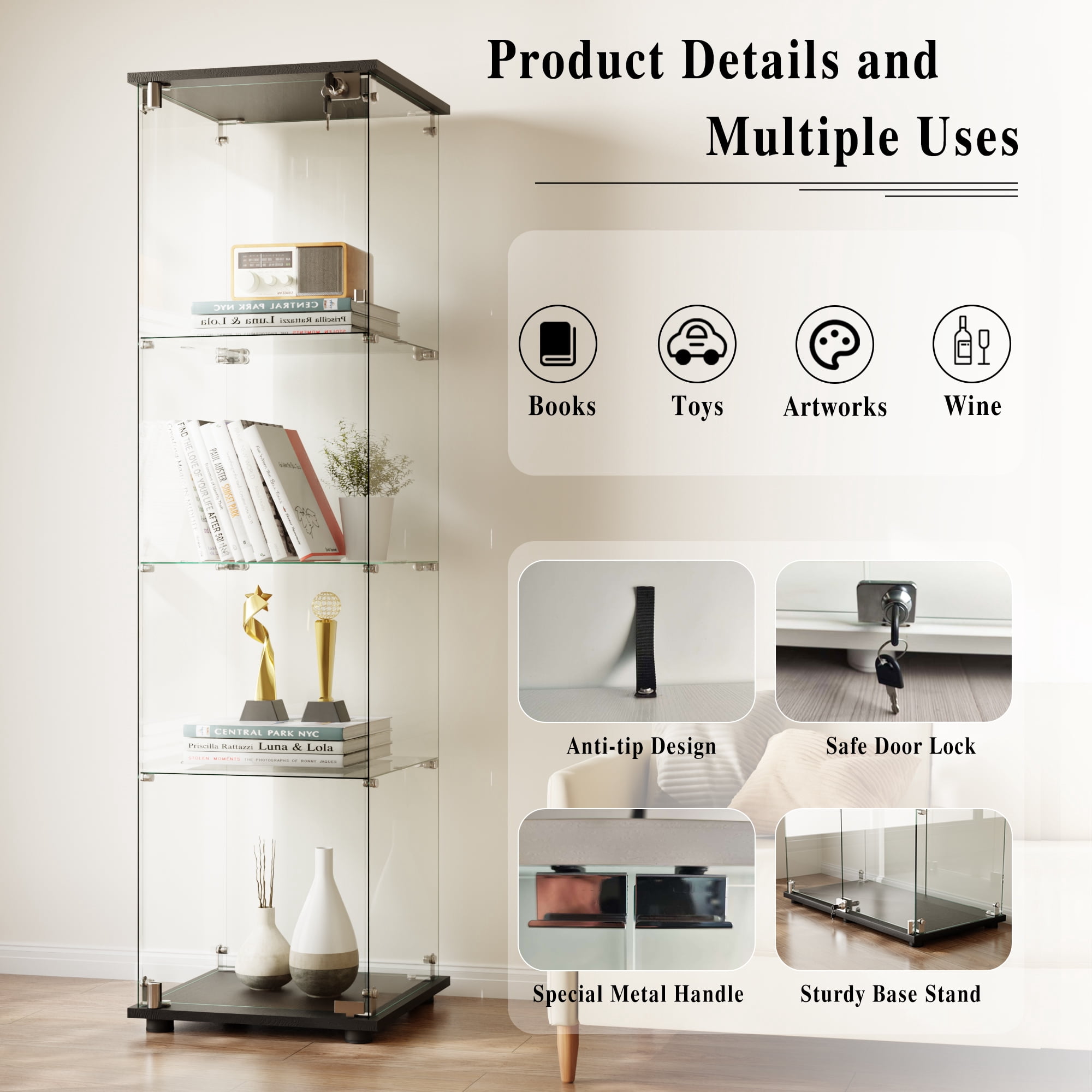 BEAUTYPEAK 64" Display Cabinet with Glass Doors,4-Tier Single-Door Curio Cases with Black Panels