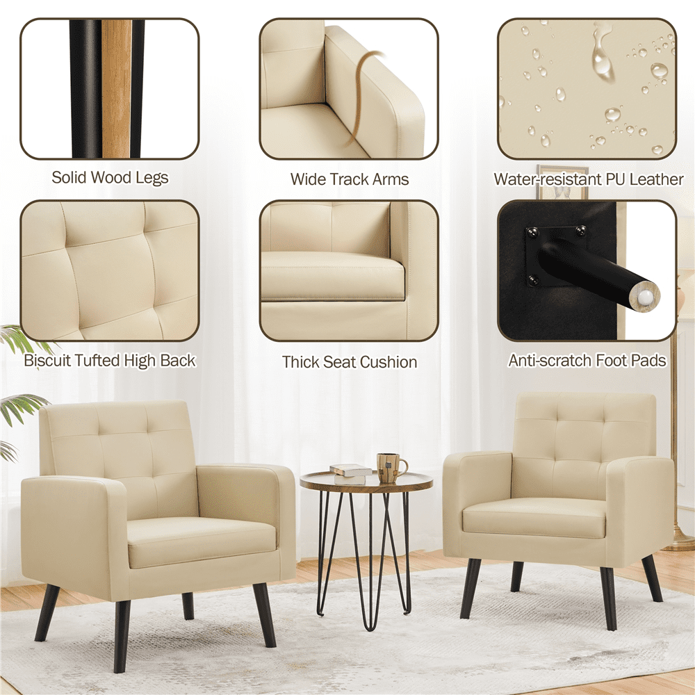 Alden Design Mid Century Faux Leather Tufted Accent Chair for Living Room, Beige