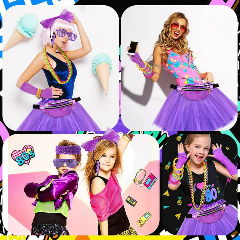 80s Themed Outfits 80s Fancy Dress Costume Accessories Neon Necklace Blinds  Glasses Earrings Fishnet Gloves(Purple) 