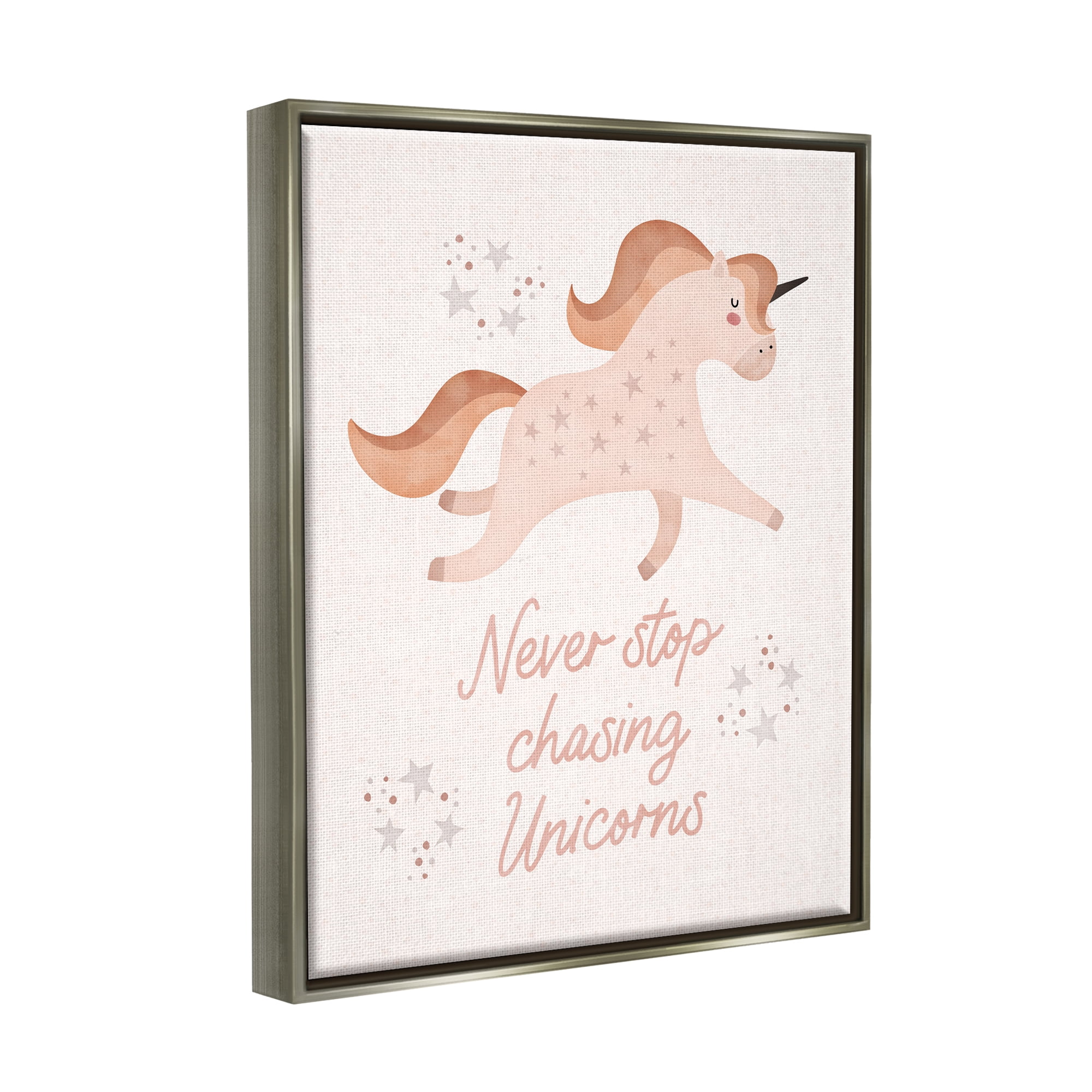Stupell Never Stop Chasing Unicorns Phrase Fairy Tales & Fantasy Painting Gray Floater Framed Art Print Wall Art