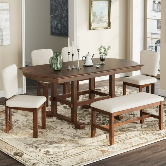 6-Piece Extendable Dining Table Set with 18" Removable Leaf, Solid Wood Kitchen Table Set with 4 Upholstered Chairs and 1 Bench for Kitchen, Espresso