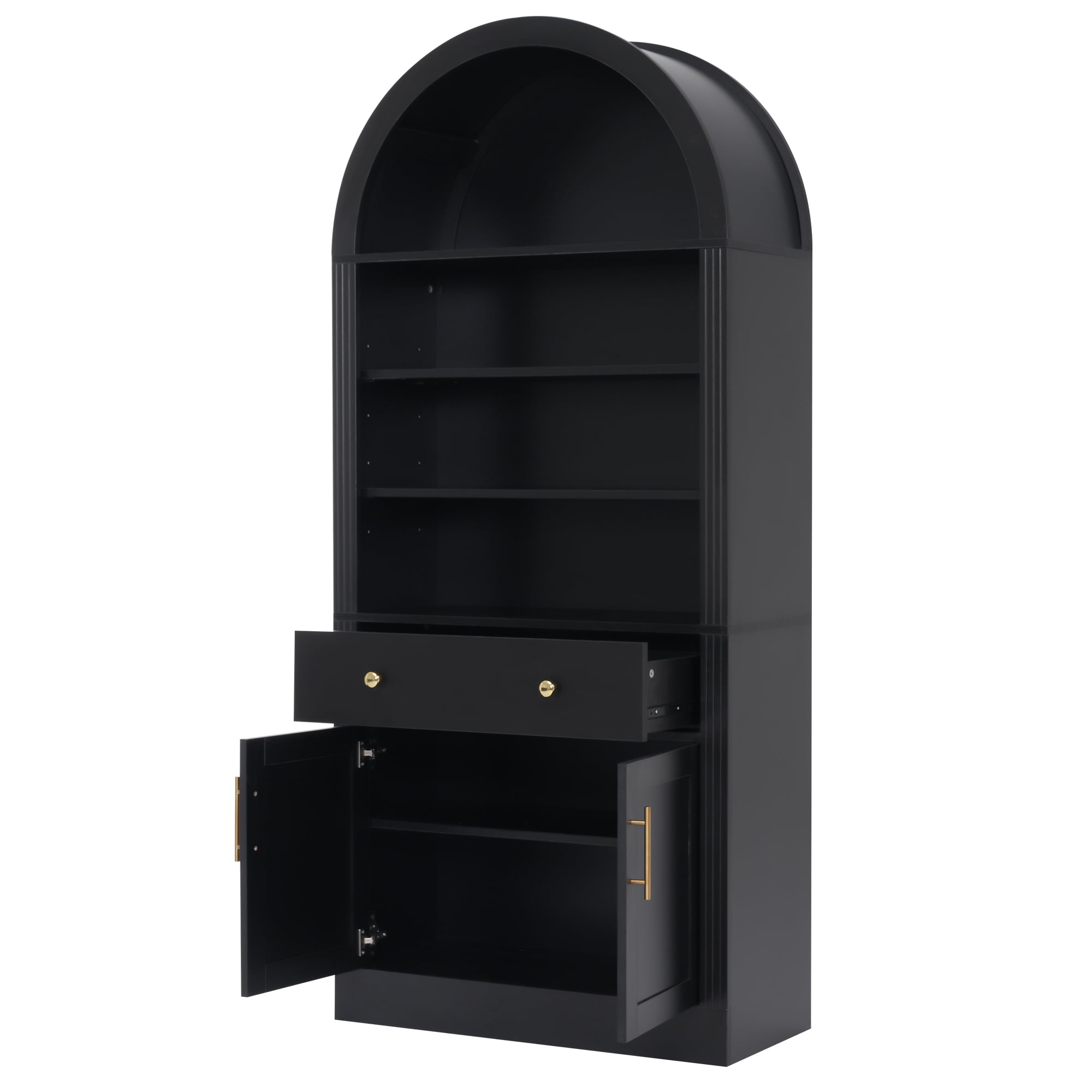 71" Tall Arched Bookshelf with Storage Cabinet, Display Bookcase with Drawer Doors and Adjustable Shelves