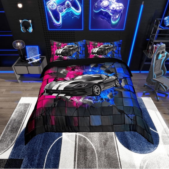 Erosebridal Black Sport Car Comforter Cover Twin,Geometric Plaid Bedding Twin Size,Extreme Sports Duvet Cover Twin,Microfiber Buffalo Room Decor,Reversible,3pcs(No Comforter)