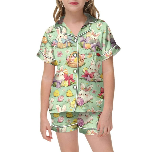 SXcggal One Pyjama Imprimé pour Filles Manches Courtes Bouton Haut Shorts Ensemble de Pyjama Basique Chaud pour Enfants