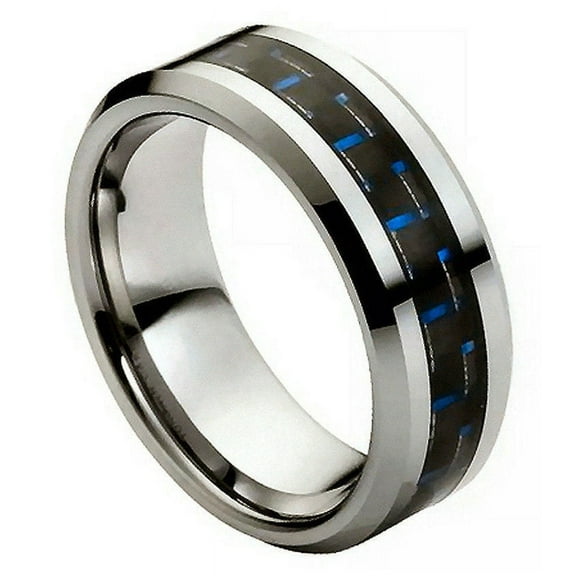8mm Tungsten Carbide Beveled with Black & Blue Carbon fiber inlay Wedding Band Ring For Men Or Ladies