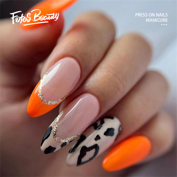 Fofosbeauty 24pcs Orange Press on False Nails Tips,Almond Fake Nails,Pumpkin Warm
