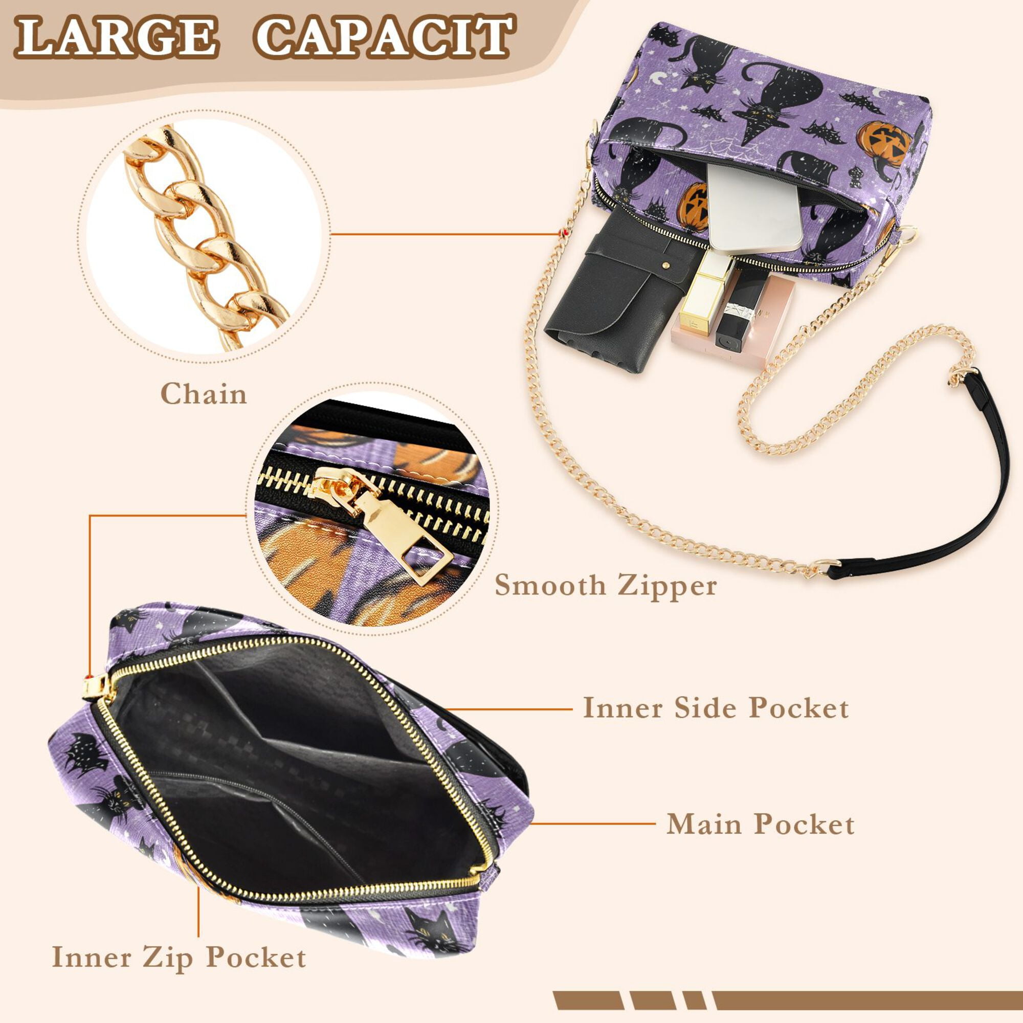 FORMRS Women Crossbody Purse with Chain Strap Vegan Leather Shoulder Handbag, Halloween Cats