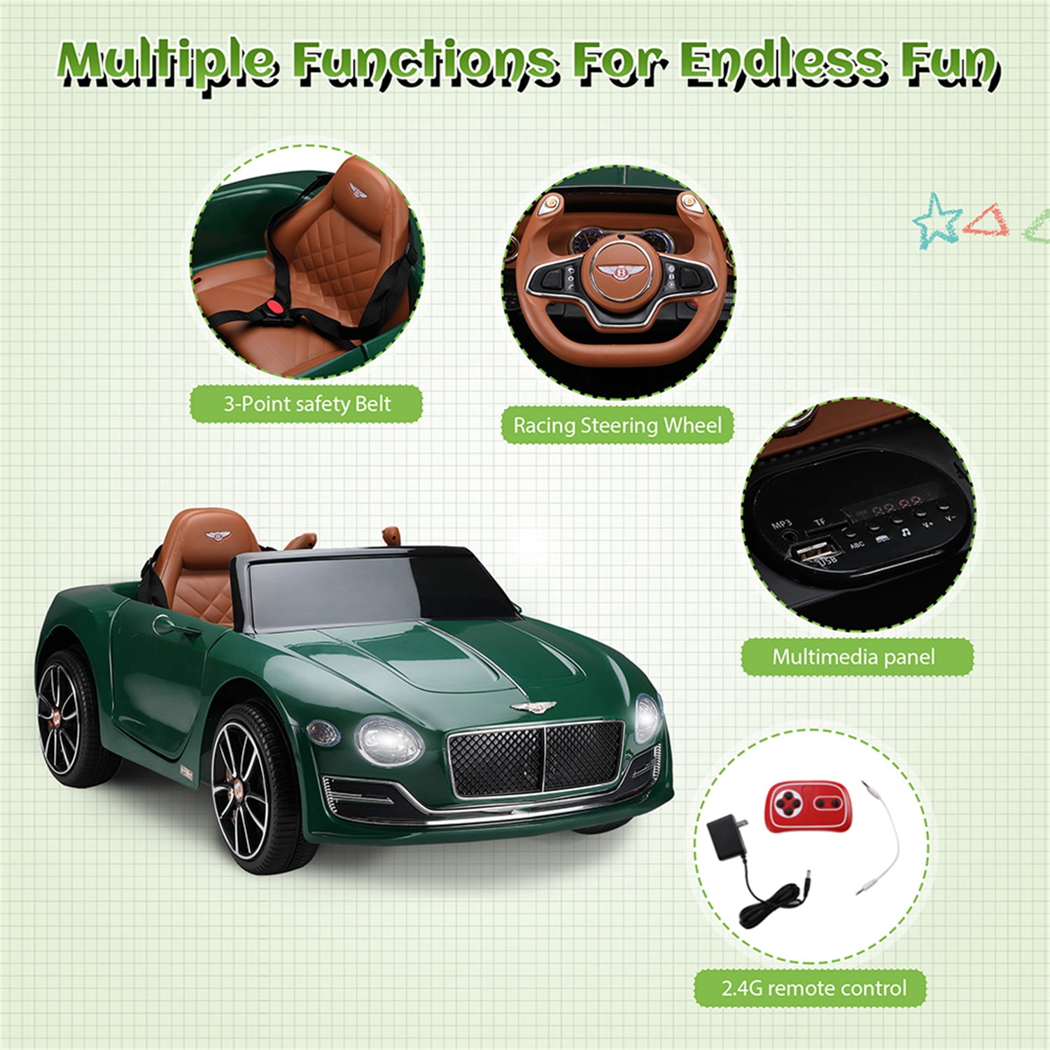 CIPACHO Licensed Bentley Electric Vehicle Toy, 12V Powered Ride On Car with Lights, Music and Remote Control, Green CIPACHO Licensed Bentley Electric Vehicle Toy, 12V Powered Ride On Car with Lights, Music and Remote Control, Green