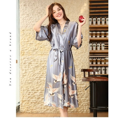 

Kimono Robes for Women Long Silk Satin Soft Lightweight Crane Print Nightgown Robe for Bridesmaid Spa House